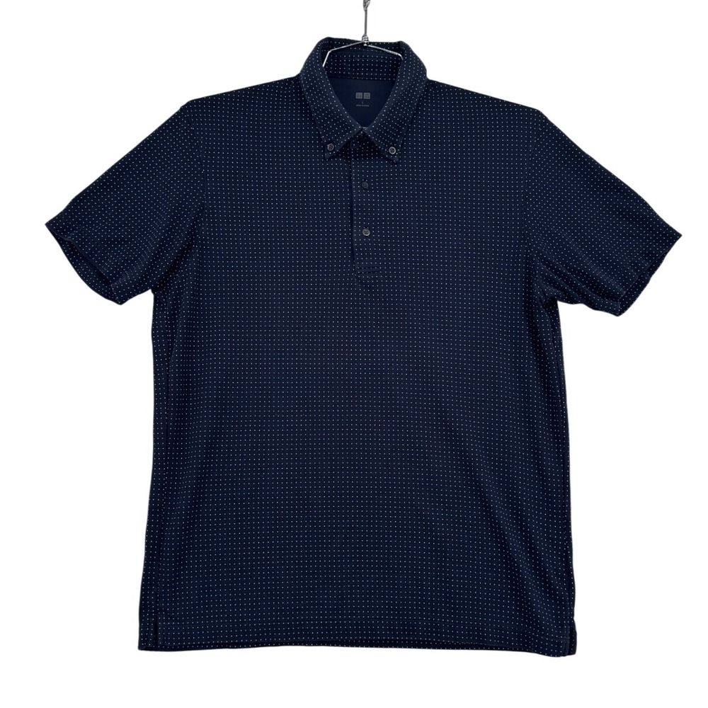 Uniqlo Pique Polo Shirt Mens L Navy Blue Excellent AIRism Micro Dot Button Down